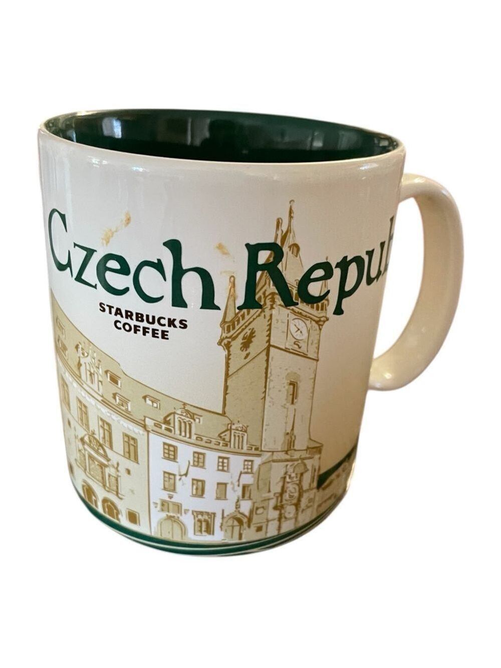 Starbucks Czech Republic Souvenir Mug, White and Green with Gold, Good Condition - Picture 1 of 4